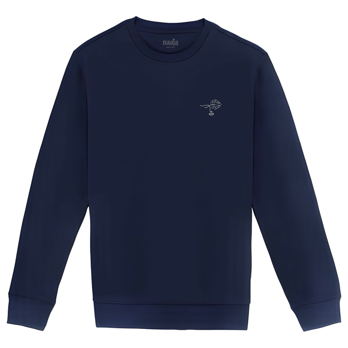 Organic cotton sweat shirt jumper plain dark navy ocean blue line art face design plant leaf leaves